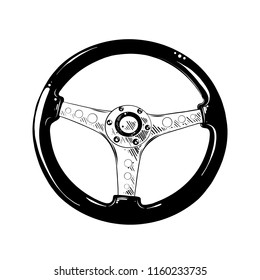 Vector engraved style illustration for posters, decoration and print. Hand drawn sketch of auto helm in black isolated on white background. Detailed vintage etching style drawing.