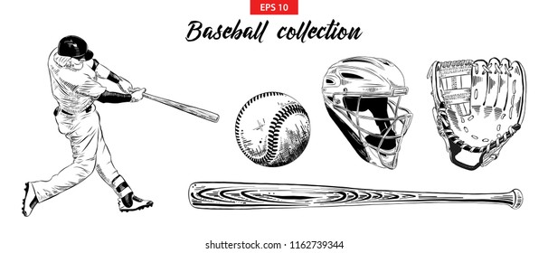 Vector engraved style illustration for posters, decoration. Hand drawn sketch set of baseball player, helmet, glove, ball and bat isolated on white background. Detailed vintage etching drawing.
