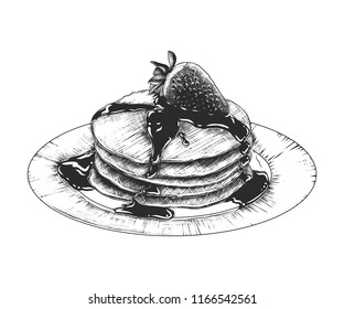 Vector engraved style illustration for posters, decoration and print. Hand drawn sketch of pancakes on the plate in monochrome isolated on white background. Detailed vintage woodcut style drawing.