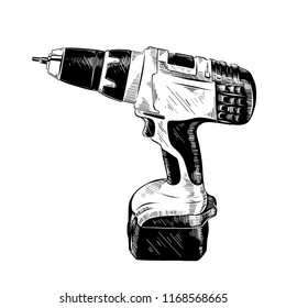 Vector engraved style illustration for posters, decoration and print. Hand drawn sketch of electric drill tool in black isolated on white background. Detailed vintage etching style drawing.