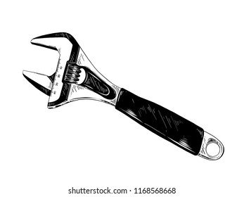 Vector engraved style illustration for posters, decoration and print. Hand drawn sketch of adjustable wrench tool in black isolated on white background. Detailed vintage etching style drawing.