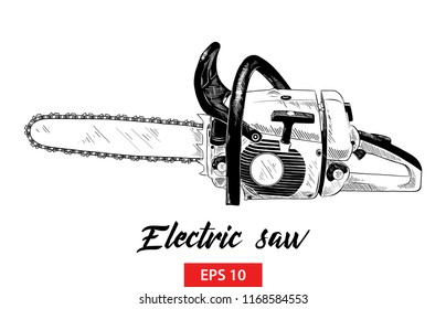 Vector engraved style illustration for posters, decoration and print. Hand drawn sketch of electric saw tool in black isolated on white background. Detailed vintage etching style drawing.