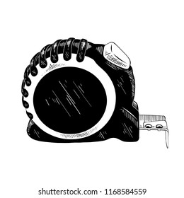 Vector engraved style illustration for posters, decoration and print. Hand drawn sketch of tape-measure tool in black isolated on white background. Detailed vintage etching style drawing.