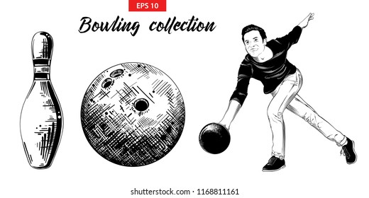 Vector engraved style illustration for posters, decoration and print. Hand drawn sketch set of bowling player, pin and ball isolated on white background. Detailed vintage etching drawing.