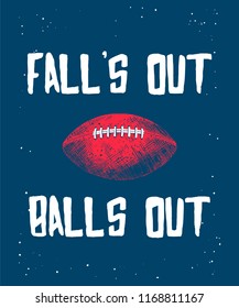 Vector engraved style illustration for posters, decoration and print. Hand drawn sketch of american football ball with modern typography on blue background. Detailed vintage etching style drawing.