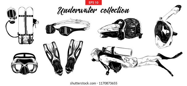 Vector Engraved Style Illustration For Posters, Decoration. Hand Drawn Sketch Of Scuba Diving, Underwater And Snorkeling Set Isolated On White Background. Detailed Vintage Etching Drawing.