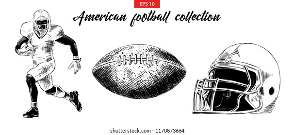 Vector engraved style illustration for posters, decoration. Hand drawn sketch of american football player, ball and helmet set isolated on white background. Detailed vintage etching drawing.