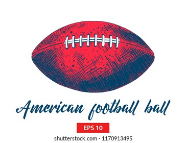 Vector engraved style illustration for posters, decoration and print. Hand drawn sketch of american football ball in black isolated on white background. Detailed vintage etching style drawing.