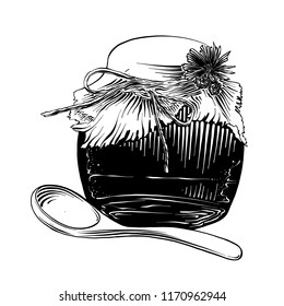 Vector engraved style illustration for posters, decoration and print. Hand drawn sketch of honey jar with wooden spoon in black isolated on white background. Detailed vintage etching style drawing.