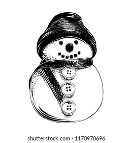 Vector engraved style illustration for posters, decoration and print. Hand drawn sketch of Christmas snowman in black isolated on white background. Detailed vintage etching style drawing.