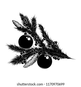 Vector engraved style illustration for posters, decoration and print. Hand drawn sketch of Christmas branch in black isolated on white background. Detailed vintage etching style drawing.