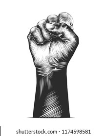 Vector engraved style illustration for posters, decoration and print. Hand drawn sketch of human fist in monochrome isolated on white background. Detailed vintage woodcut style drawing.