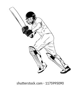 Vector Engraved Style Illustration For Posters, Decoration And Print. Hand Drawn Sketch Of Cricket Player In Black Isolated On White Background. Detailed Vintage Etching Style Drawing.