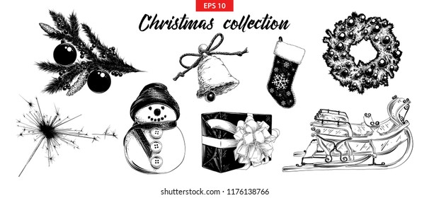 Ilustración de estilo vectorial grabada para carteles, decoración e impresión. Esbozo dibujado a mano que establece objetos navideños y de Año Nuevo aislados en fondo blanco. Dibujo de grabado de época detallado.