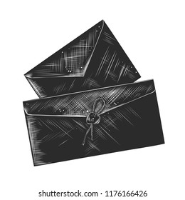 Vector engraved style illustration for posters, decoration and print. Hand drawn sketch of paper letter in monochrome isolated on white background. Detailed vintage woodcut style drawing.