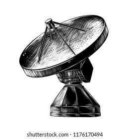 Vector engraved style illustration for posters, decoration and print. Hand drawn sketch of satellite antenna in monochrome isolated on white background. Detailed vintage woodcut style drawing.