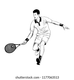 Vector engraved style illustration for posters, decoration and print. Hand drawn sketch of tennis player in black isolated on white background. Detailed vintage etching style drawing.