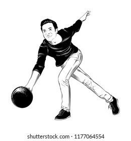 Vector engraved style illustration for posters, decoration and print. Hand drawn sketch of bowling player in black isolated on white background. Detailed vintage etching style drawing.