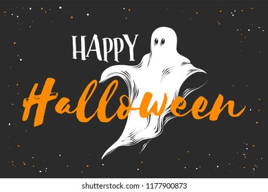 Vector engraved style illustration for posters, decoration and print. Hand drawn sketch of ghost with modern typography text. Detailed vintage etching style drawing, Halloween card for invitation.