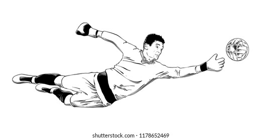 Vector engraved style illustration for posters, decoration and print. Hand drawn sketch of soccer player goalkeeper in black isolated on white background. Detailed vintage etching style drawing.