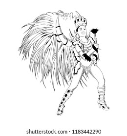 Vector engraved style illustration for posters, decoration and print. Hand drawn sketch of brazilian carnival dancer in black isolated on white background. Detailed vintage etching style drawing.