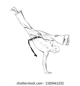 Vector engraved style illustration for posters, decoration and print. Hand drawn sketch of capoeira dancer in black isolated on white background. Detailed vintage etching style drawing.