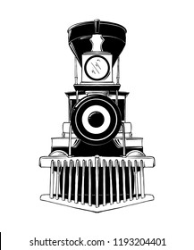 Vector engraved style illustration for posters, decoration and print. Hand drawn sketch of old locomotive in black isolated on white background. Detailed vintage etching style drawing.