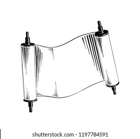 Vector engraved style illustration for posters, decoration and print. Hand drawn sketch of Jewish scroll in black isolated on white background. Detailed vintage etching style drawing.