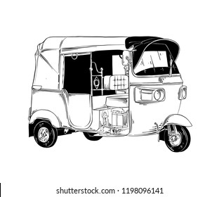 Vector engraved style illustration for posters, decoration and print. Hand drawn sketch of thai tuk tuk transport in black isolated on white background. Detailed vintage etching style drawing.