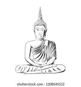 Vector engraved style illustration for posters, decoration and print. Hand drawn sketch of Buddha statue in black isolated on white background. Detailed vintage etching style drawing.