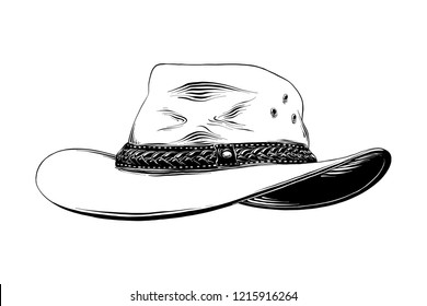 Vector engraved style illustration for posters, decoration and print. Hand drawn sketch of western cowboy hat in black isolated on white background. Detailed vintage etching style drawing.