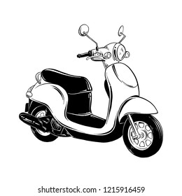 Vector engraved style illustration for posters, decoration and print. Hand drawn sketch of scooter in black isolated on white background. Detailed vintage etching style drawing.