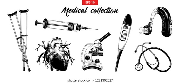 Vector engraved style illustration for posters, decoration and print. Hand drawn sketch set of medical equipment and elements isolated on white background. Detailed vintage etching drawing.