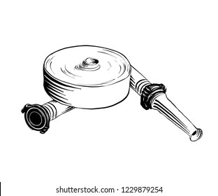 Vector engraved style illustration for posters, logo, label or emblem. Hand drawn sketch of firehose isolated on white background. Detailed vintage etching style drawing.