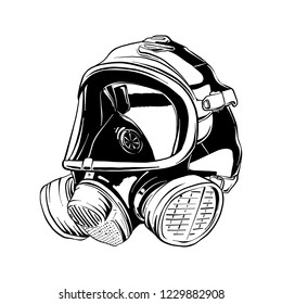 Vector engraved style illustration for posters, logo or emblem. Hand drawn sketch of firefighter gas mask isolated on white background. Detailed vintage etching style drawing.