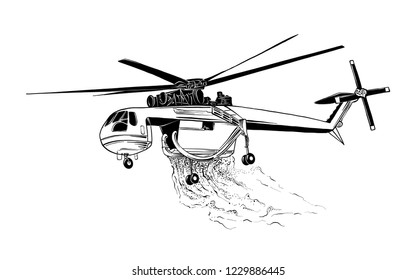 Vector engraved style illustration for posters, logo or emblem. Hand drawn sketch of professional fire helicopter isolated on white background. Detailed vintage etching style drawing.