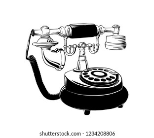 Vector engraved style illustration for posters, decoration, logo, emblem and print. Hand drawn sketch of retro phone in black isolated on white background. Detailed vintage etching style drawing.