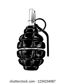 Vector engraved style illustration for posters, logo, decoration and print. Hand drawn sketch of military hand grenade in black isolated on white background. Detailed vintage etching style drawing.