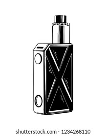 Vector engraved style illustration for posters, logo, emblem, badge, decoration and print. Hand drawn sketch of vape in black isolated on white background. Detailed vintage etching style drawing.