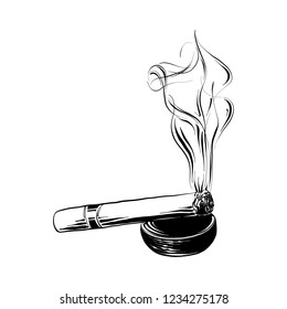Vector engraved style illustration for posters, logo, emblem, decoration and print. Hand drawn sketch of burning cigar in black isolated on white background. Detailed vintage etching style drawing.