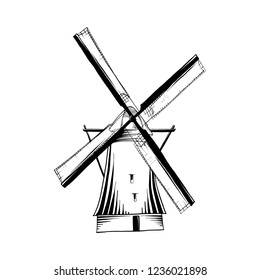 Vector engraved style illustration for posters, logo, emblem, decoration and print. Hand drawn sketch of old windmill  in black isolated on white background. Detailed vintage etching style drawing.