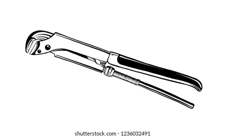 Vector engraved style illustration for posters, logo, emblem, decoration and print. Hand drawn sketch of adjustable wrench, plumbing tool on white background. Detailed vintage etching style drawing.