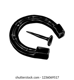 Vector engraved style illustration for posters, logo, decoration and print. Hand drawn sketch of horseshoe and nail in black isolated on white background. Detailed vintage etching style drawing.