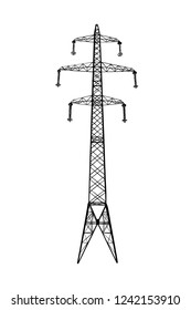 Vector engraved style illustration for posters, logo, emblem, decoration and print. Hand drawn sketch of high voltage power pylon isolated on white background. Detailed vintage etching style.