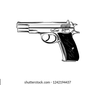 Vector Engraved Style Illustration For Posters, Decoration And Print. Hand Drawn Sketch Of Pistol Or Handgun In Black Isolated On White Background. Detailed Vintage Etching Style Drawing.