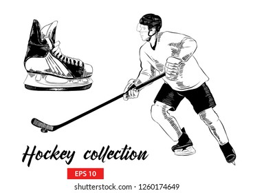 Vector engraved style illustration for posters, decoration and print. Hand drawn set of sketches of ice skate and hockey player with hockey stick in black isolated on white background