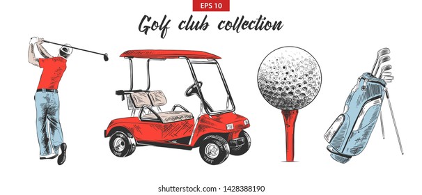 Vector engraved style illustration for posters, decoration and print. Hand drawn sketch set of golf bag, cart, ball and golfer in black isolated on white background. Detailed vintage etching drawing.