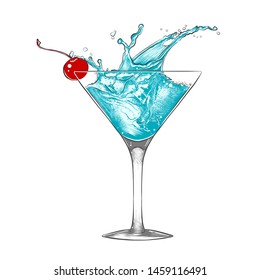 Vector engraved style illustration for posters, decoration and print. Hand drawn sketch of blue lagoon cocktail with splashes, colorful isolated on white background. Detailed vintage woodcut style