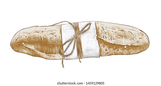 Vector engraved style illustration for posters, decoration and print. Hand drawn sketch of colorful french baguette isolated on white background. Detailed vintage woodcut style drawing.