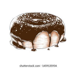 Vector engraved style illustration for posters, decoration, menu, logo, packaging and print. Hand drawn sketch of colorful donut isolated on white background. Detailed vintage woodcut style drawing.